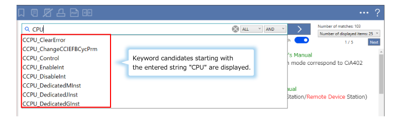 Keyword candidates, including entered texts, are displayed so that the target keyword can be quickly found and searched for.